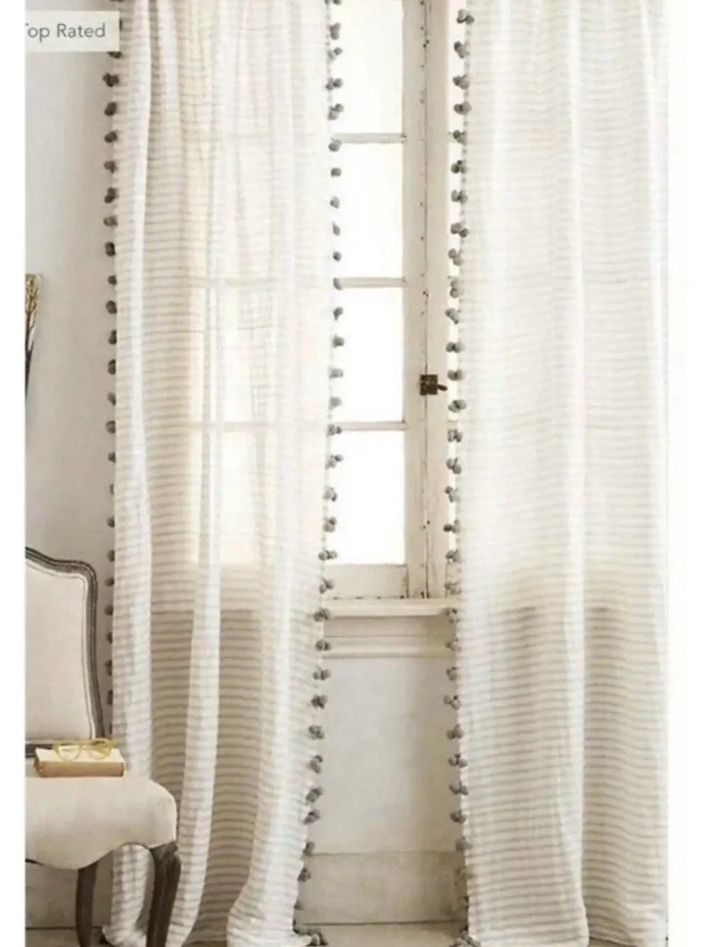 TWO Anthropologie Striped Pom Tassel Curtain Panels